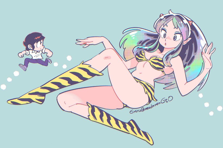 1boy 1girl animal_print aqua_background aqua_eyeshadow artist_name bare_arms bare_shoulders bikini black_hair breasts chibi chibi_inset cleavage collared_shirt denim eyeshadow fleeing full_body grey_shoes highres horns jeans long_hair lum makeup medium_breasts midriff moroboshi_ataru muda_rengou_to_ziggy_stardust multicolored_hair navel oni pants parted_bangs parted_lips pointy_ears print_bikini print_boots shirt shoes short_hair sidelocks size_difference sneakers swimsuit tiger_print urusei_yatsura white_shirt