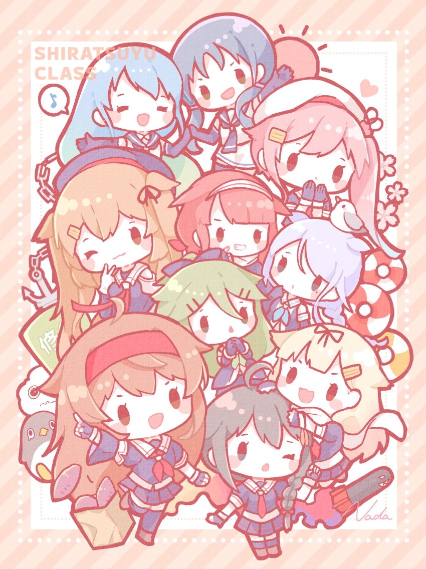 6+girls anchor animal animal_on_head bird bird_on_head black_gloves black_serafuku black_skirt blonde_hair blue_hair blue_sailor_collar braid brown_hair bucket chain chibi closed_mouth elbow_gloves failure_penguin flower gloves green_hair grin hair_between_eyes hair_flaps hair_ornament hair_ribbon hairband hairclip harusame_(kancolle) heart highres index_finger_raised innertube kantai_collection kawakaze_(kancolle) kawakaze_kai_ni_(kancolle) long_hair miss_cloud multiple_girls murasame_(kancolle) murasame_kai_ni_(kancolle) musical_note nada_namie on_head one_eye_closed open_mouth parted_lips pink_hair pleated_skirt red_hair ribbon sailor_collar samidare_(kancolle) scarf school_uniform serafuku shigure_(kancolle) shigure_kai_ni_(kancolle) shiratsuyu_(kancolle) shiratsuyu_kai_ni_(kancolle) signature simple_background single_braid skirt smile spoken_musical_note suzukaze_(kancolle) swim_ring torpedo two_side_up umikaze_(kancolle) umikaze_kai_ni_(kancolle) white_scarf yamakaze_(kancolle) yamakaze_kai_ni_(kancolle) yuudachi_(kancolle) yuudachi_kai_ni_(kancolle)