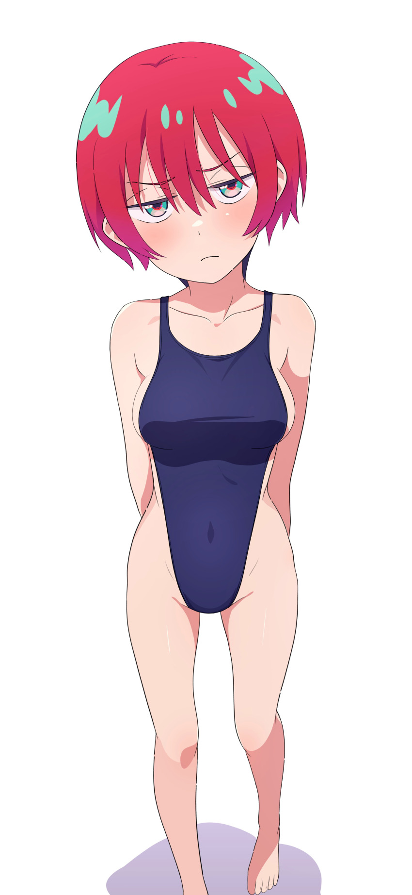 1girl absurdres amate_yuzuriha aqua_eyes barefoot black_one-piece_swimsuit closed_mouth collarbone commentary_request full_body gundam gundam_gquuuuuux highleg highleg_one-piece_swimsuit highres legs looking_at_viewer na-suke one-piece_swimsuit red_hair short_hair simple_background solo standing swimsuit thighs white_background