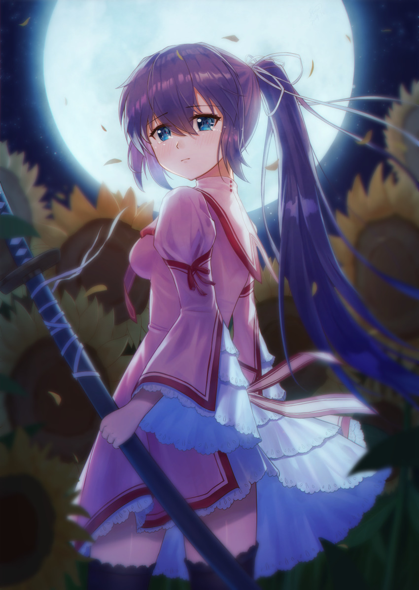 1girl absurdres backlighting black_hair black_thighhighs blue_eyes blurry blush bow breasts closed_mouth commentary cowboy_shot crying crying_with_eyes_open depth_of_field dress eyelashes eyes_visible_through_hair falling_petals field floating_hair flower flower_field flowingcrescent frilled_dress frilled_sleeves frills from_side full_moon hair_between_eyes hair_ribbon highres holding holding_sword holding_weapon impossible_clothes juliet_sleeves katana kazamatsuri_institute_high_school_uniform konohana_lucia long_hair long_ribbon long_sleeves looking_at_viewer looking_back medium_breasts moon moonlight night outdoors petals pink_dress ponytail puffy_sleeves red_bow rewrite ribbon sad school_uniform short_dress sidelocks sleeve_bow solo sunflower sunflower_field sword tears thighhighs tsurime very_long_hair weapon white_ribbon wide_sleeves zettai_ryouiki