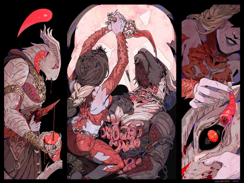 1boy 1girl arms_up baldur&#039;s_gate baldur&#039;s_gate_3 black_border black_sclera blonde_hair blood blood_from_mouth blood_on_clothes bodysuit border braid brother_and_sister chain chain_around_neck colored_sclera colored_skin dagger detached_sleeves dragon_boy dragonborn_(d&amp;d) dungeons_&amp;_dragons dungeons_&amp;_dragons evil_smile fingernails furry furry_male germanich guro headpiece holding holding_dagger holding_knife holding_weapon impaled intestines jewelry knife long_hair low-braided_long_hair low-tied_long_hair orin_the_red red_bodysuit red_eyes ring sequential sharp_fingernails siblings signature single_braid sitting sitting_on_person slit_pupils smile stab the_dark_urge_(baldur&#039;s_gate) weapon white_skin