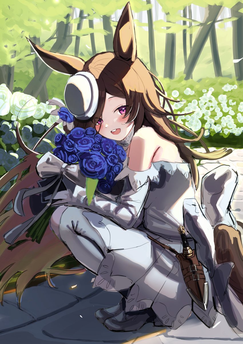 1girl absurdres alternate_costume animal_ears bad_id bad_twitter_id bare_shoulders blue_flower blue_rose bouquet dagger flower hair_over_one_eye highres holding holding_bouquet horse_ears horse_girl kneeling knife long_hair looking_at_viewer off_shoulder open_mouth outdoors purple_eyes rice_shower_(umamusume) rose sheath sheathed smile solo teeth tilted_headwear tsujiya_okuyasu umamusume upper_teeth_only weapon