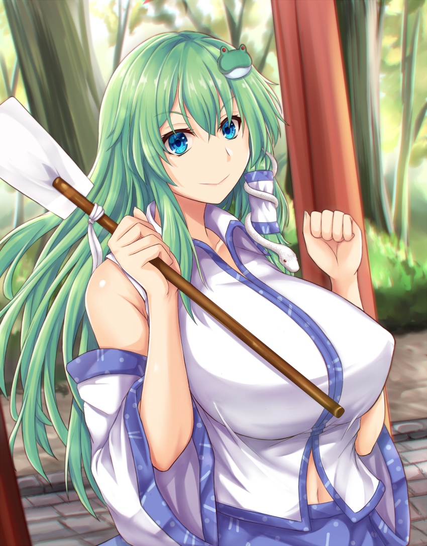blue_eyes blue_skirt breasts collared_shirt cowboy_shot day detached_sleeves forest frog_hair_ornament gohei green_hair hair_ornament hair_tubes highres kochiya_sanae large_breasts long_hair long_skirt nature outdoors shinto shirt shrine skirt sleeveless sleeveless_shirt smile snake_hair_ornament torii touhou tree white_shirt zatma0041