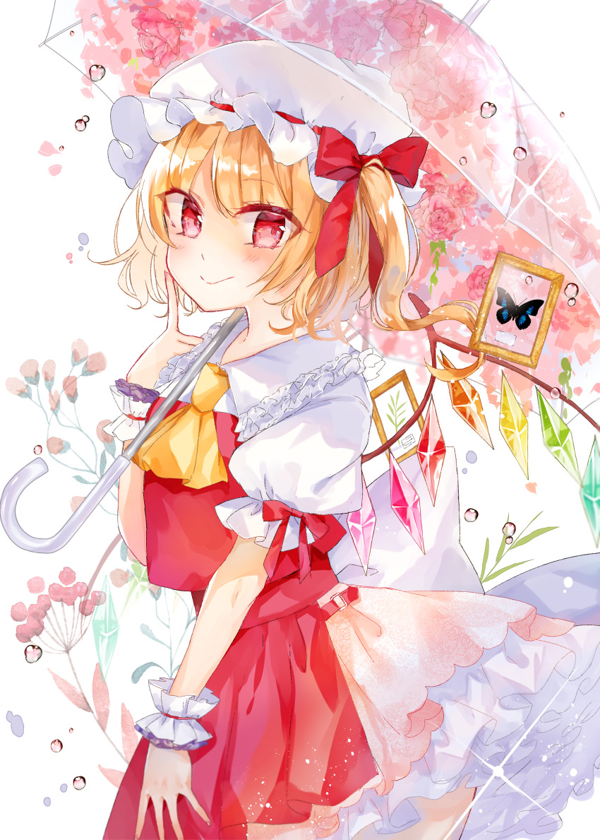 1girl absurdres ascot back_bow blonde_hair blue_butterfly bow breasts bug butterfly closed_mouth collared_shirt cowboy_shot crystal flandre_scarlet flower frilled_shirt_collar frilled_sleeves frills from_side hair_bow hat hat_ribbon highres insect large_bow layered_skirt looking_at_viewer medium_hair mob_cap moko_(mokochisa) multicolored_wings one_side_up petticoat puffy_short_sleeves puffy_sleeves red_bow red_eyes red_flower red_ribbon red_skirt red_vest ribbon ribbon-trimmed_headwear ribbon_trim shirt short_sleeves simple_background skirt small_breasts solo touhou vest white_background white_bow white_hat wings wrist_cuffs yellow_ascot
