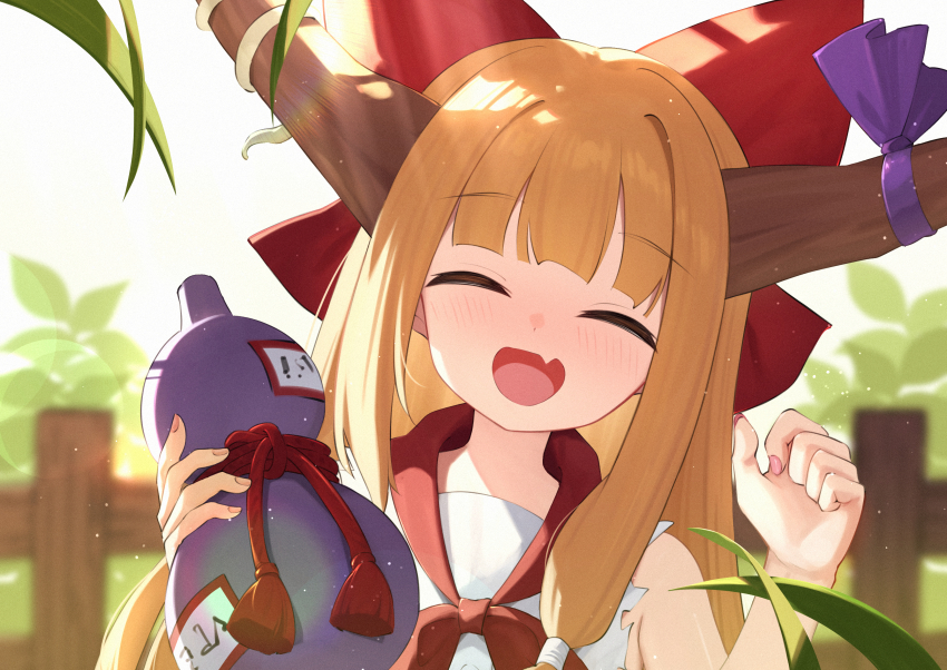 1girl absurdres bare_shoulders bow closed_eyes commentary_request day demon_girl demon_horns facing_viewer fang gourd hair_bow hands_up happy highres holding holding_gourd horn_ornament horn_ribbon horns ibuki_suika long_hair neckerchief oeyama oni open_mouth orange_hair outdoors purple_ribbon red_bow red_neckerchief ribbon shirt sleeveless sleeveless_shirt smile solo torn_clothes torn_shirt touhou upper_body very_long_hair white_shirt