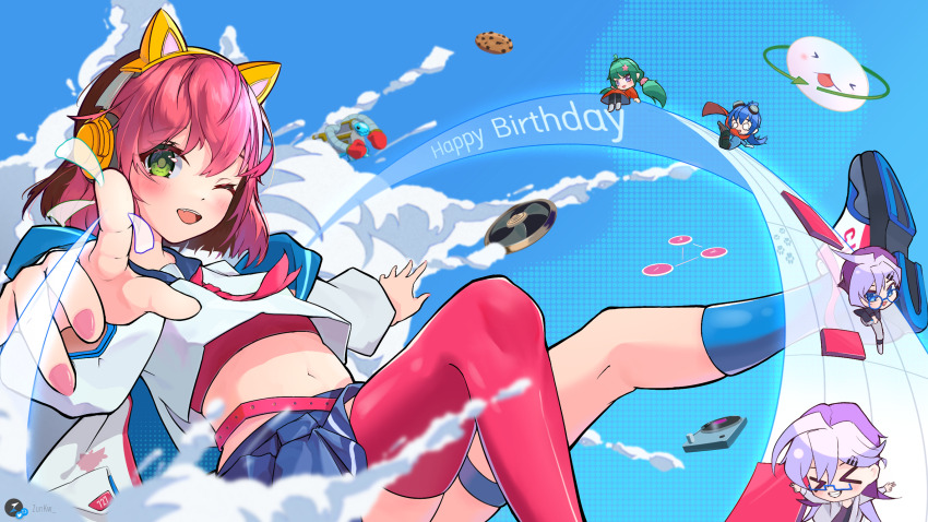 2boys 3girls animal_ear_headphones animal_ears belt blue_background blue_skirt cat_ear_headphones chibi cookie detached_sleeves fake_animal_ears food freedom_dive green_eyes happy_birthday headphones highres looking_at_viewer mani_(osu!) mari_(osu!) midriff mini_person miniboy minigirl mocha_(osu!) multiple_boys multiple_girls navel necktie one_eye_closed osu! pink_hair pink_nails pippi_(osu!) pointing pointing_at_viewer running school_uniform serafuku shirt shoes short_hair skirt solo_focus taikonator_(osu!) white_shirt yuzu_(osu!) zunkw