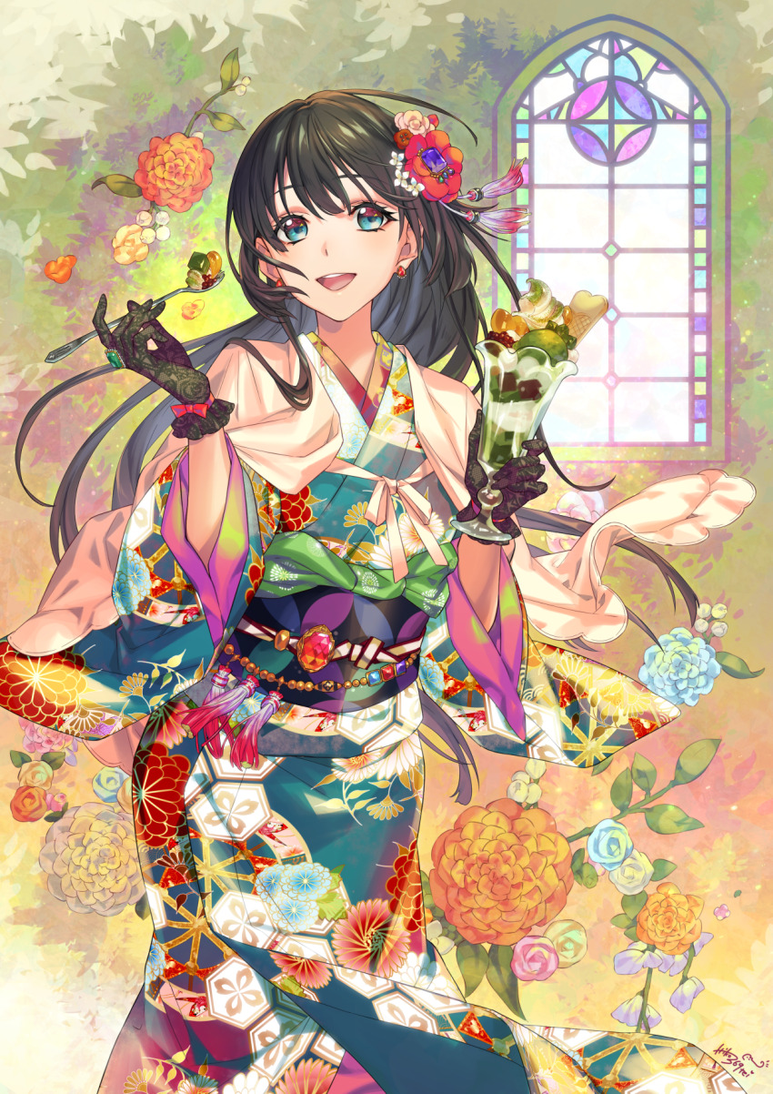 1girl :d adzuki_bean aqua_eyes aqua_kimono black_gloves black_hair black_sash blue_flower capelet cup dahlia earrings fanged_bangs feet_out_of_frame floral_print flower food gem gloves gradient_background green_background hair_flower hair_ornament highres holding holding_cup holding_spoon ichiko_milk_tei japanese_clothes jewelry kikkoumon kimono lace lace_gloves long_hair long_sleeves looking_at_viewer matcha_(food) matcha_parfait multicolored_clothes obi obiage obijime open_mouth orange_background orange_flower original parfait pink_capelet pink_flower pink_rose purple_flower red_flower red_gemstone rose sash smile solo spoon stained_glass stud_earrings sweet_pea tassel tassel_hair_ornament wafer wide_sleeves window