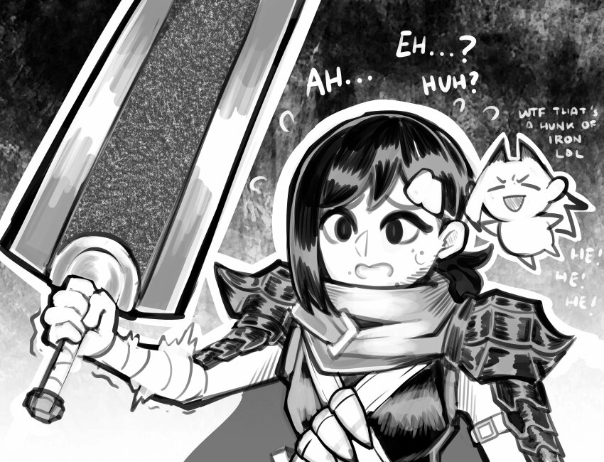 2girls absurdres armor bandaged_arm bandages bandolier belt berserk berserker_armor black_hair chainsaw_man closed_eyes confused cosplay dragonslayer_(sword) english_text greyscale guts_(berserk) guts_(berserk)_(cosplay) hair_ornament hairclip higashiyama_kobeni highres holding holding_sword holding_weapon horns kermittend monochrome multiple_girls open_mouth power_(chainsaw_man) puck_(berserk) puck_(berserk)_(cosplay) scarf short_hair sword weapon