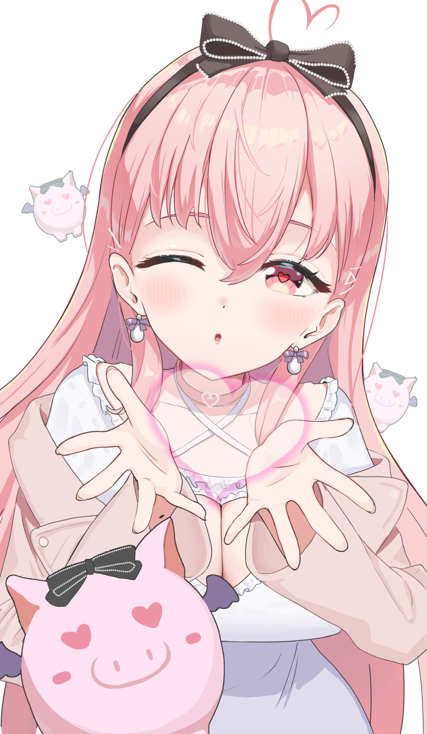 1girl ahoge aogiri_koukou blowing_kiss bow_hairband breasts cleavage cleavage_cutout clothing_cutout collarbone criss-cross_halter dress earrings flying_pig gabu_rielu hairband halterneck heart heart-shaped_pupils highres jewelry long_hair looking_at_viewer medium_breasts one_eye_closed pig pink_eyes pink_hair solo straight_hair symbol-shaped_pupils taachika virtual_youtuber white_background white_dress