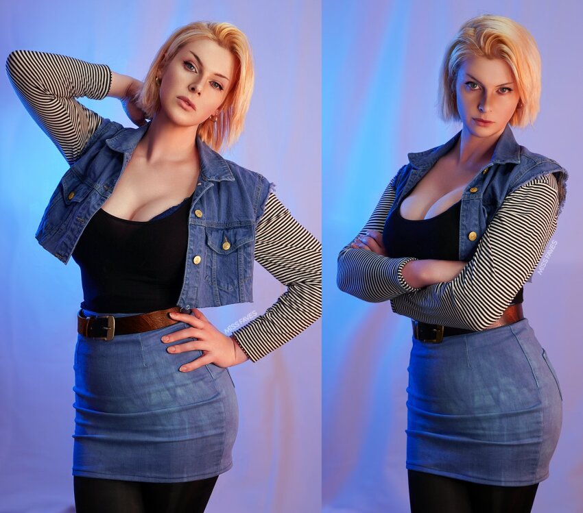 1girl 2025 android_18 android_18_(cosplay) arms_behind_head arms_under_breasts black_leggings black_shirt blonde_hair blue_eyes blue_jacket breasts cleavage collarbone commentary cosplay cosplay_photo cropped_jacket crossed_arms denim denim_skirt dragon_ball dragonball_z earrings english_commentary female_focus gradient_background hand_on_own_hip highres jacket jewelry large_breasts leggings lips looking_at_viewer miss_faves multiple_views parted_lips photo_(medium) pink_lips real_life serious shirt simple_background skirt standing swept_bangs taut_clothes torn_clothes torn_sleeves upper_body v-shaped_eyebrows white_background white_sleeves