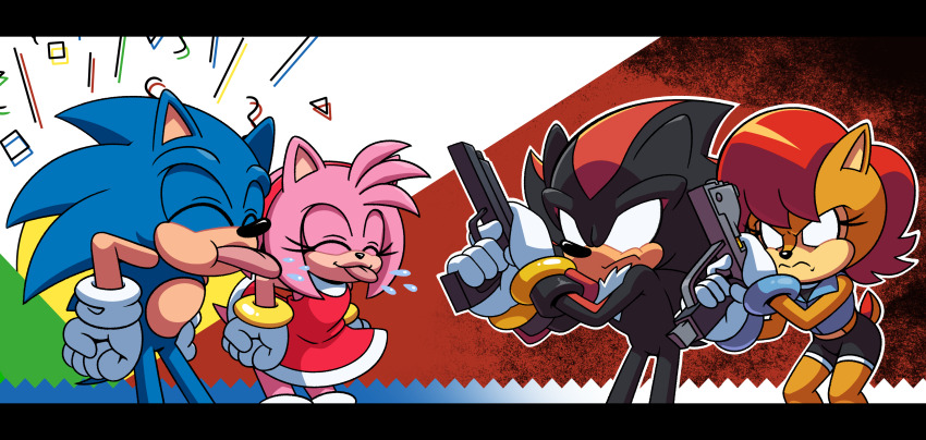 2024 absurdres amy_rose angry brown_hair chipmunk closed_eyes dress furry gloves gun hedgehog highres holding holding_gun holding_weapon hyoumaru letterboxed making_faces mocking no_pupils red_dress sally_acorn sega shadow_the_hedgehog short_hair short_tail shorts sonic_(series) sonic_the_hedgehog squirrel standing tail taunting teasing tongue tongue_out vest weapon white_gloves