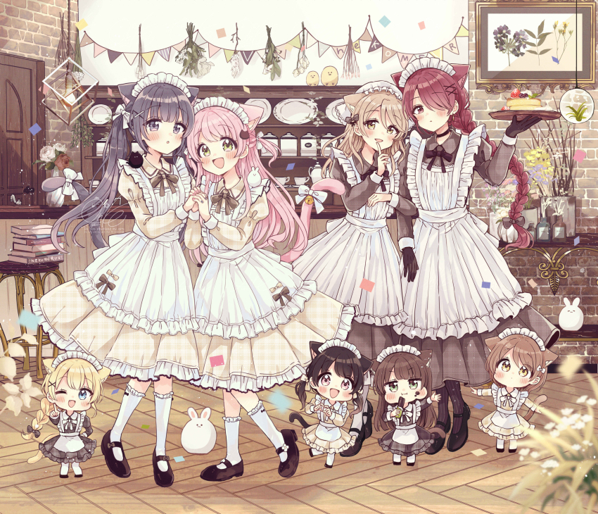 6+girls :d :i :o absurdres animal animal_ears apron artist_name black_gloves black_hair black_shoes blonde_hair blue_eyes blush book book_stack braid brick_wall brown_dress brown_eyes brown_hair brown_pantyhose cat_ears cat_girl cat_tail chibi closed_mouth commentary_request confetti dress eating food food_on_face frilled_apron frilled_socks frills fushigi_na_neko_no_machi_meltier fuu_(fushigi_na_neko_no_machi_meltier) gloves green_eyes grey_eyes hair_over_one_eye haru_(fushigi_na_neko_no_machi_meltier) headscarf heart heart_hands highres hime_(fushigi_na_neko_no_machi_meltier) holding holding_food holding_tray index_finger_raised juliet_sleeves locked_arms long_hair long_sleeves maid maid_apron maid_headdress makia_(fushigi_na_neko_no_machi_meltier) mini_person minigirl moco_(fushigi_na_neko_no_machi_meltier) multiple_girls naa_(fushigi_na_neko_no_machi_meltier) nagi_(fushigi_na_neko_no_machi_meltier) open_mouth outstretched_arms pancake pancake_stack pantyhose parted_lips pennant pink_hair plaid_clothes plaid_dress pleated_dress puffy_sleeves rabbit red_eyes rucora_(fushigi_na_neko_no_machi_meltier) sakura_oriko shoes single_braid smile socks spread_arms standing standing_on_one_leg string_of_flags striped_clothes striped_pantyhose tail tray twintails vertical-striped_clothes vertical-striped_pantyhose very_long_hair waitress white_apron white_pantyhose white_socks