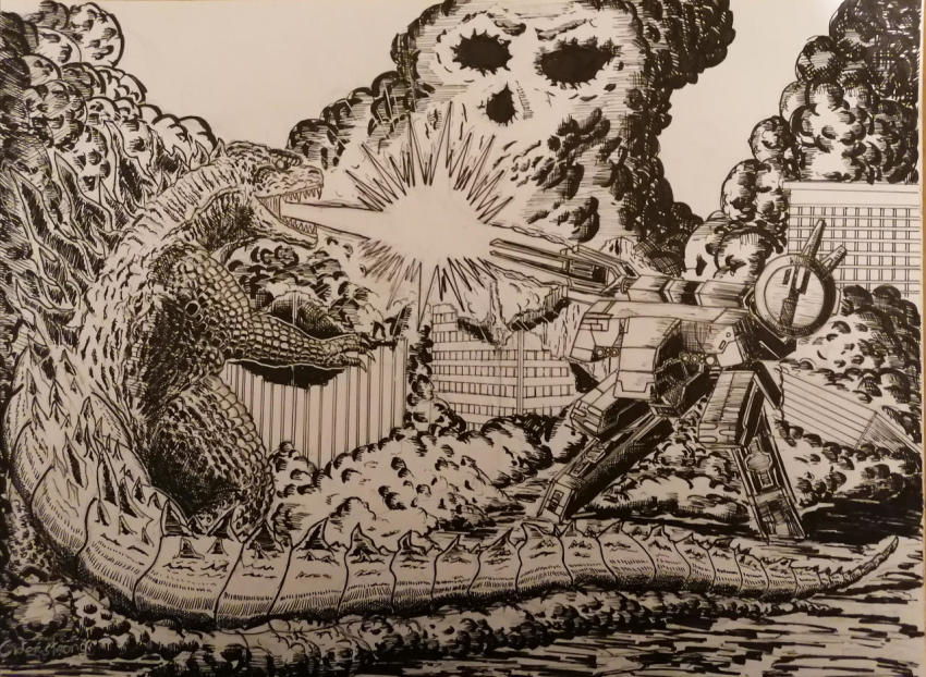 atomic_breath autocannon battle beam_clash building cannon city crossover destruction dinosaur directed-energy_weapon energy energy_beam energy_cannon energy_clash energy_weapon fighting free-electron_laser_cannon gau-8_avenger giant giant_monster godzilla godzilla_(2014) godzilla_(series) gun jack_redmond kaiju konami laser_cannon legendary_pictures machine_gun magnetic_weapon mecha metal_gear_(series) metal_gear_rex metal_gear_solid military military_vehicle monocrome monster monsterverse no_humans projectile_clash radome railgun robot rotary_cannon skull smoke spikes tail toho war weapon xgau-8r