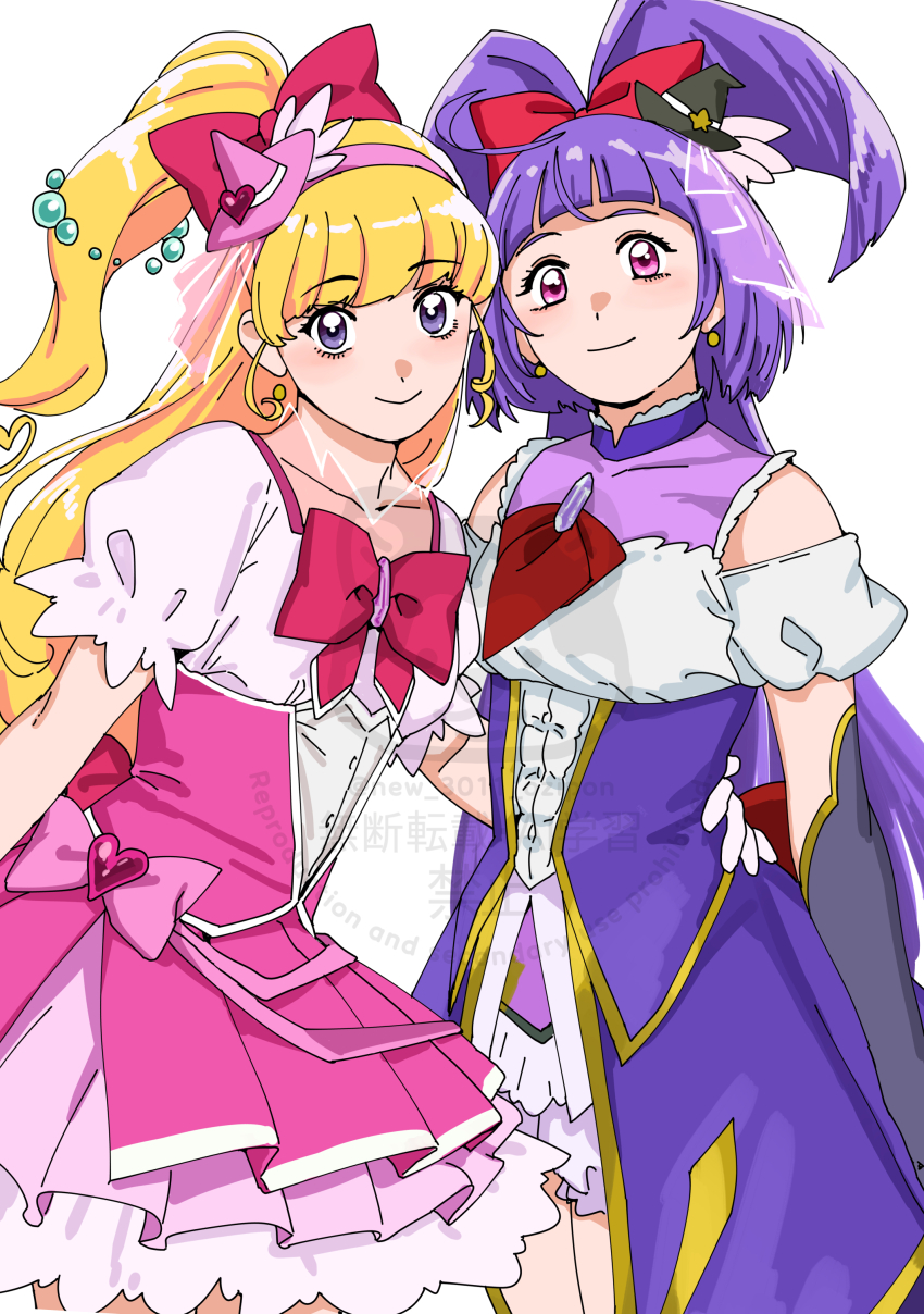 2girls absurdres asahina_mirai black_hat blonde_hair bow cure_magical cure_miracle dress earrings hair_bow hairband hand_on_another&#039;s_waist hat highres izayoi_liko jewelry long_hair looking_at_viewer magical_girl mahou_girls_precure! mahou_girls_precure!!_mirai_days mini_hat mini_witch_hat multiple_girls ojipon pink_dress pink_hairband pink_hat precure purple_dress purple_eyes purple_hair red_bow short_sleeves simple_background smile very_long_hair white_background witch_hat