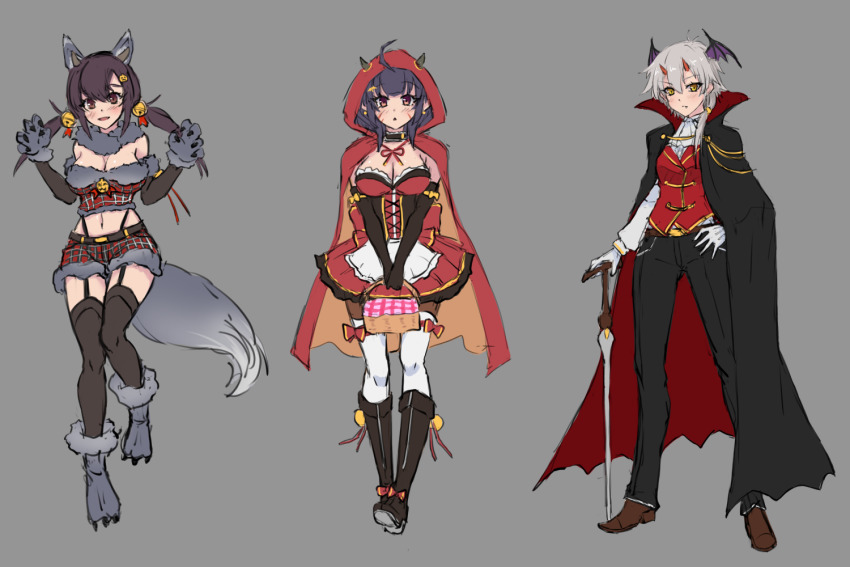 3girls abukuma_(azur_lane) alternate_costume animal_ears animal_feet azur_lane bat_wings bell belt black_cape black_footwear black_legwear boots breasts brown_belt brown_corset brown_eyes brown_footwear brown_legwear bucket cape cleavage corset cross-laced_clothes detached_sleeves dress facial_mark fake_animal_ears full_body fur-trimmed_shorts fur-trimmed_sleeves fur_trim garter_straps gloves grey_background grey_footwear grey_hair hair_bell hair_ornament halloween_costume hand_on_cane head_wings holding holding_bucket hood hoodie horns jacket kinu_(azur_lane) large_breasts long_hair looking_at_viewer medium_hair midriff multiple_girls nagara_(azur_lane) oni_horns pants plaid_clothes plaid_shorts red_cape red_dress red_eyes red_hoodie red_jacket shirt shoes short_dress shorts simple_background sleeveless sleeveless_jacket small_breasts thighhighs twintails two-tone_cape underbust waa!_okami white_gloves white_legwear white_shirt wings yellow_eyes