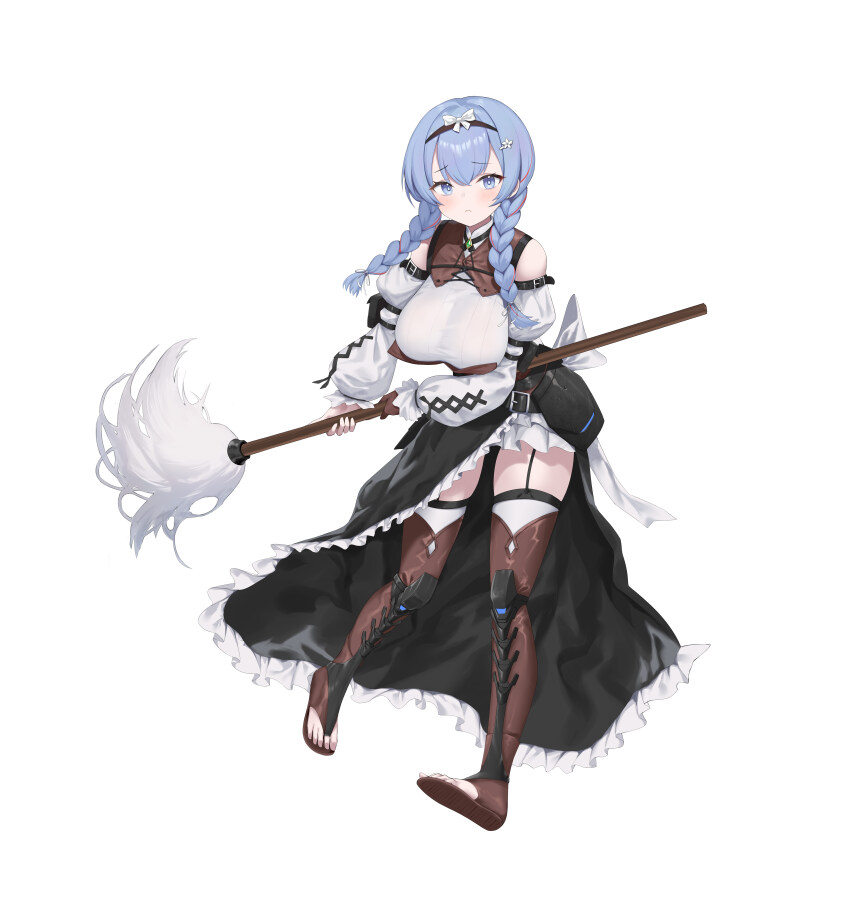 1girl absurdres bare_shoulders black_skirt blue_eyes blue_hair braid breasts brown_footwear brown_thighhighs character_request closed_mouth commentary_request full_body haze/reverb highres holding holding_mop large_breasts long_hair long_sleeves looking_at_viewer low_twin_braids mop puffy_long_sleeves puffy_sleeves roi_(liu_tian) side_slit simple_background skirt solo stirrup_legwear thighhighs toeless_legwear twin_braids white_background