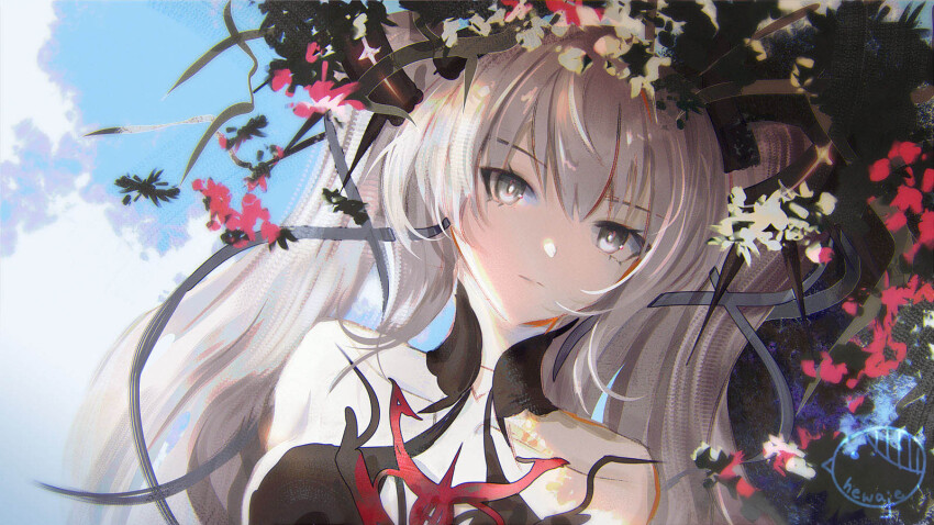 1girl artist_name bare_shoulders black_ribbon cloud collarbone grey_eyes hair_between_eyes hewaje looking_at_viewer luna:_oblivion_(pgr) luna:_oblivion_(tainted_moonrise)_(pgr) luna_(pgr) original outdoors punishing:_gray_raven ribbon signature solo twintails white_hair