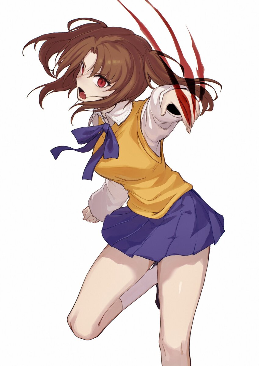 1girl blue_skirt brown_hair cowboy_shot highres melty_blood miniskirt pleated_skirt red_eyes shirt simple_background skirt sleeveless sleeveless_sweater solo sweater tara3763 tsukihime twintails white_background white_shirt yellow_sweater yumizuka_satsuki