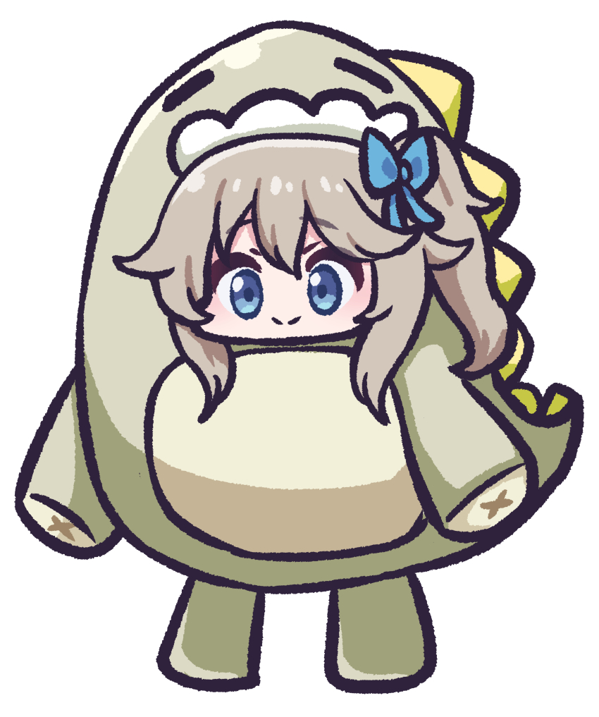 1girl absurdres animal_costume blonde_hair blue_bow blue_eyes bow chibi girls&#039;_frontline girls&#039;_frontline_2:_exilium hair_bow highres mr._pizza_(girls&#039;_frontline_2) panatisia side_ponytail simple_background smile solo standing vepley_(girls&#039;_frontline_2) white_background