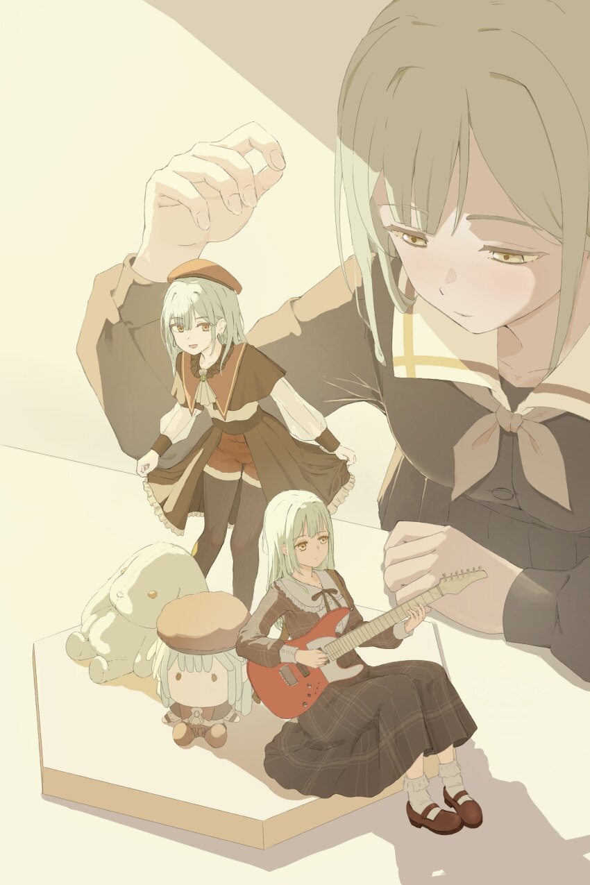 1girl absurdres ascot asdfg0612 bang_dream! bang_dream!_it&#039;s_mygo!!!!! beret black_capelet brooch capelet closed_mouth earrings green_hair guitar hashtag-only_commentary hat highres instrument jewelry long_hair long_sleeves mortis_(bang_dream!) mortis_(costume)_(bang_dream!) multiple_persona music neck_ribbon neckerchief open_mouth playing_guitar playing_instrument red_hat ribbon school_uniform shirt sidelocks sitting skirt socks standing stuffed_animal stuffed_toy wakaba_mutsumi white_ascot white_socks yellow_eyes