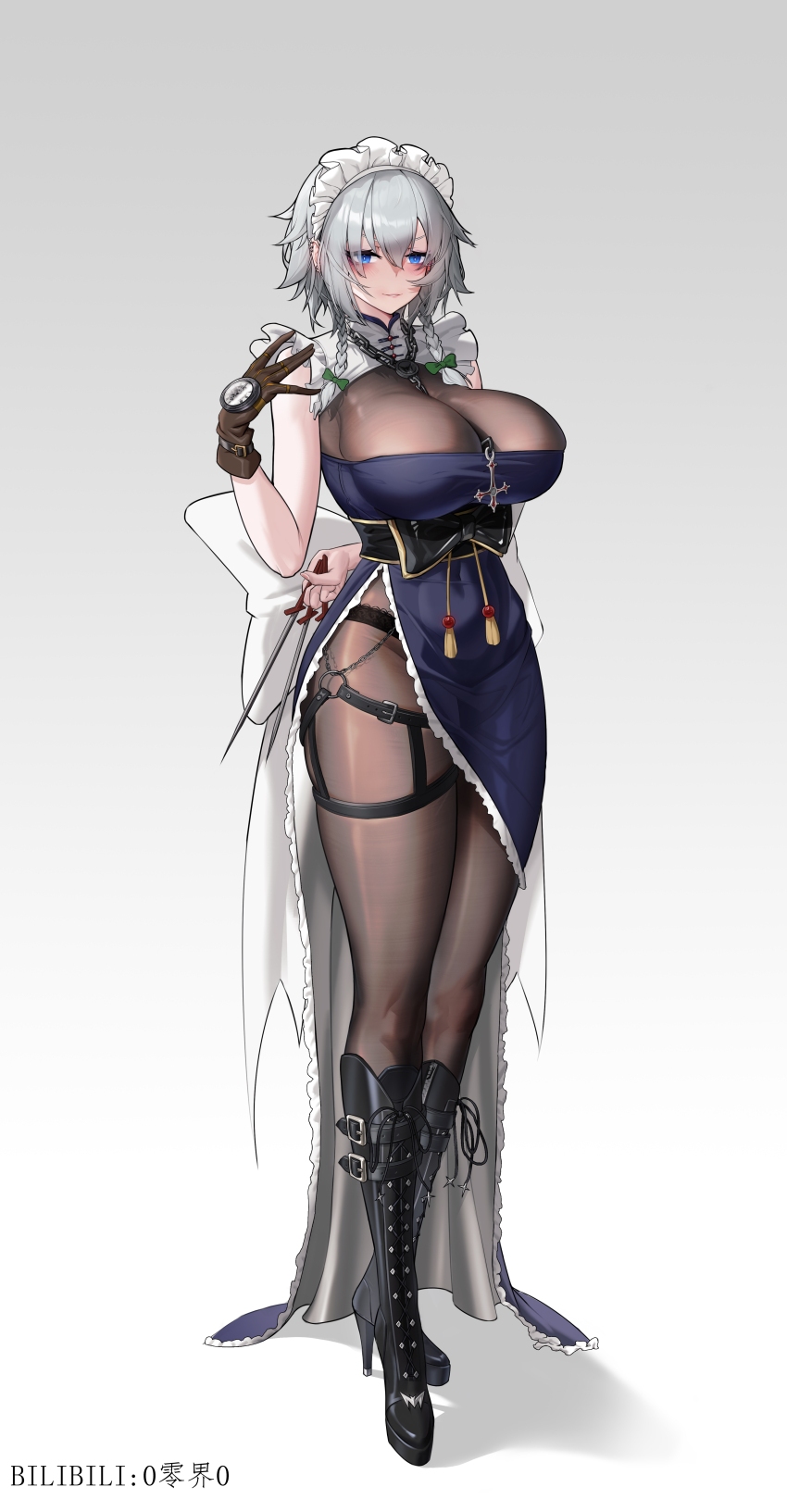 1girl absurdres arm_behind_back black_boots blue_eyes bodystocking boots braid breasts brown_gloves embodiment_of_scarlet_devil full_body gloves grey_hair high_heels highres holding holding_knife izayoi_sakuya jewelry knife large_breasts long_hair looking_at_viewer maid_headdress necklace sleeveless smile solo touhou user_ckkx8884