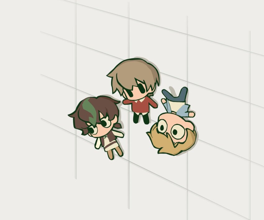 3boys against_wall bad_boys_(limited_life_smp) black_eyes blonde_hair blue_jacket brown_hair chibi chibi_only collared_shirt cosplay full_body green_hair grian_(youtuber) highres jacket limited_life_smp long_sleeves male_focus minecraft_youtube mini_person miniboy mipaihere multicolored_hair multiple_boys open_clothes open_jacket pants ponytail red_sweater shirt short_hair shrek shrek_(cosplay) shrek_(series) smallishbeans solid_oval_eyes solidaritygaming streaked_hair sweater traffic_life_series white_shirt wide-eyed