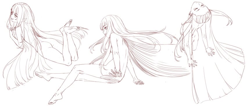 1girl agemmata amanogawa_shiina arm_support back barefoot closed_eyes commentary completely_nude english_commentary facing_up from_behind from_side highres long_hair looking_at_viewer looking_back lying monochrome multiple_views nude on_stomach phase_connect profile sketch very_long_hair virtual_youtuber
