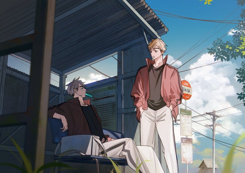 2boys bench black_hair black_shirt blonde_hair brown_eyes cloud cloudy_sky collared_jacket crew_neck cumulonimbus_cloud elbow_rest eye_contact feet_out_of_frame food food_in_mouth haikyuu!! hands_in_pockets high_collar highres jacket long_sleeves looking_at_another male_focus miya_atsumu miya_osamu miyaii17 multicolored_hair multiple_boys open_clothes open_jacket open_mouth outdoors pants parted_bangs popped_collar popsicle popsicle_in_mouth power_lines red_jacket shirt short_hair short_sideburns sign sitting sky sleeve_cuffs standing striped_clothes striped_jacket striped_pants tree two-tone_hair utility_pole vertical-striped_clothes vertical-striped_jacket vertical-striped_pants white_pants