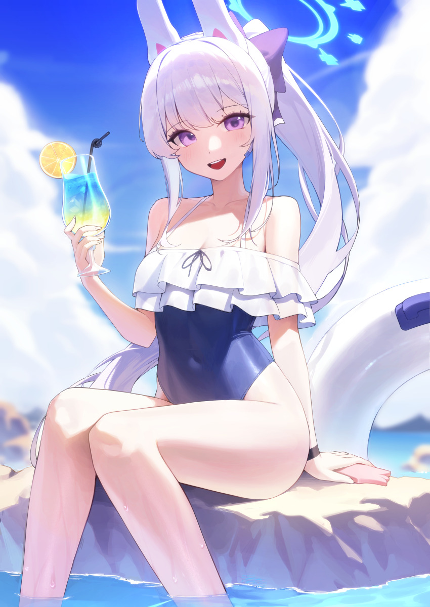 1girl absurdres animal_ears bare_legs bare_shoulders blue_archive blue_hawaii blue_one-piece_swimsuit bow covered_navel cup day drinking_glass fake_animal_ears frilled_one-piece_swimsuit frills hair_bow halo hand_up highleg highleg_one-piece_swimsuit highres holding holding_cup hurricane_glass innertube long_hair looking_at_viewer miyako_(blue_archive) miyako_(swimsuit)_(blue_archive) official_alternate_costume one-piece_swimsuit open_mouth outdoors ponytail purple_eyes rabbit_ears sbgu sitting smile soaking_feet solo spaghetti_strap swim_ring swimsuit thighs very_long_hair white_hair
