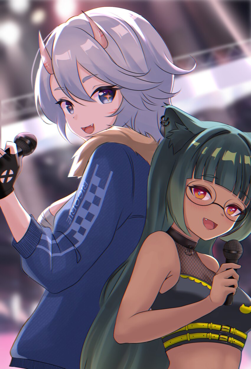 2girls absurdres acti_matatabi animal_ear_fluff animal_ears aono_shikishima armpit_crease back-to-back bare_shoulders belt black-framed_eyewear black_choker blue_coat blue_eyes blunt_bangs blurry blurry_background breasts cat_ears cat_girl choker coat crop_top dark-skinned_female dark_skin earrings fang fingerless_gloves fishnet_top fishnets fur_trim glasses gloves green_hair highres holding holding_microphone horns jewelry large_breasts long_hair looking_at_viewer looking_back microphone midriff multicolored_eyes multicolored_hair multiple_belts multiple_girls music oni red_eyes ricorie_productions round_eyewear singing small_breasts smile spaceroo star-shaped_pupils star_(symbol) symbol-shaped_pupils virtual_youtuber white_hair yellow_belt yellow_eyes