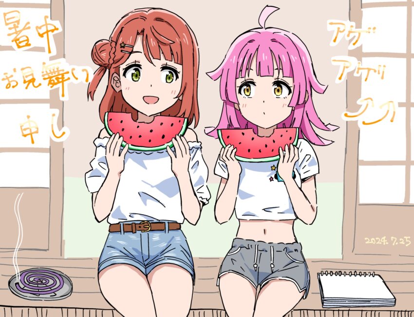 2girls ahoge belt bite_mark blue_shorts blunt_bangs blunt_ends blush brown_belt closed_mouth commentary_request dated dot_mouth food fruit green_eyes grey_shorts hair_bun hair_ornament hairclip highres holding holding_food holding_fruit holding_watermelon looking_at_another love_live! love_live!_nijigasaki_high_school_idol_club medium_hair midriff mosquito_coil multiple_girls navel open_mouth pink_hair red_hair shirt shorts side-by-side single_side_bun sitting sketchbook swept_bangs tennoji_rina translation_request uehara_ayumu upper_body watermelon white_shirt yanekawara yellow_eyes