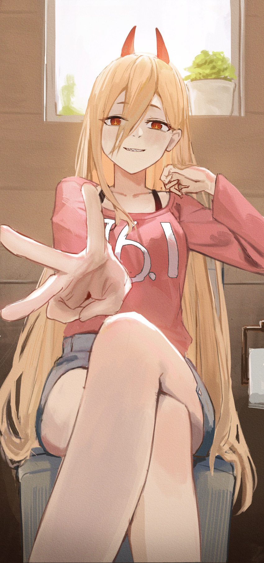1girl absurdres blonde_hair blush chainsaw_man crossed_legs demon_girl demon_horns denim denim_shorts grin haimaotuanzi hair_between_eyes highres horns indoors long_hair looking_at_viewer outstretched_arm pink_shirt plant potted_plant power_(chainsaw_man) red_eyes red_horns sharp_teeth shirt shorts sitting smile solo teeth toilet_paper w window