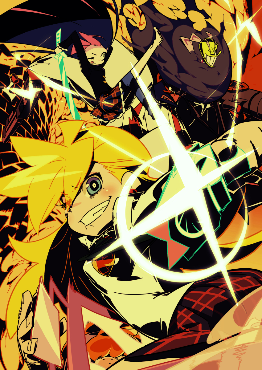 2boys 2girls absurdres aiming aiming_at_viewer brief_(psg) chuck_(psg) freckles gainaxtop garterbelt_(psg) gun highres himukai_yuuji lens_flare multiple_boys multiple_girls official_art panty_&amp;_stocking_with_garterbelt panty_(psg) see-through_(psg) siblings sisters stocking_(psg) sword weapon