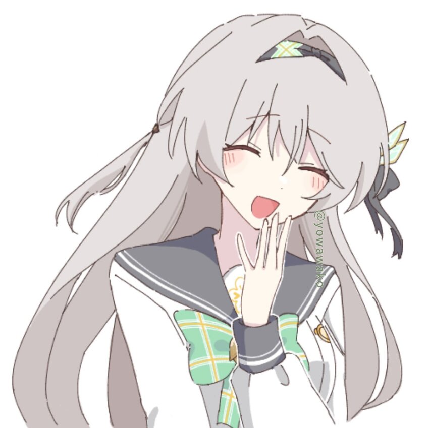 1girl black_hair black_hairband blush blush_stickers bow bowtie collared_shirt firefly_(honkai:_star_rail) firefly_(spring_missive)_(honkai:_star_rail) green_bow green_bowtie grey_hair grey_sailor_collar hair_between_eyes hair_intakes hair_ornament hair_ribbon hair_tubes hairband hand_on_own_chin highres honkai:_star_rail honkai_(series) long_hair open_mouth plaid_bow plaid_bowtie plaid_clothes ribbon sailor_collar shirt simple_background smile solo twitter_username white_background white_shirt yowawako