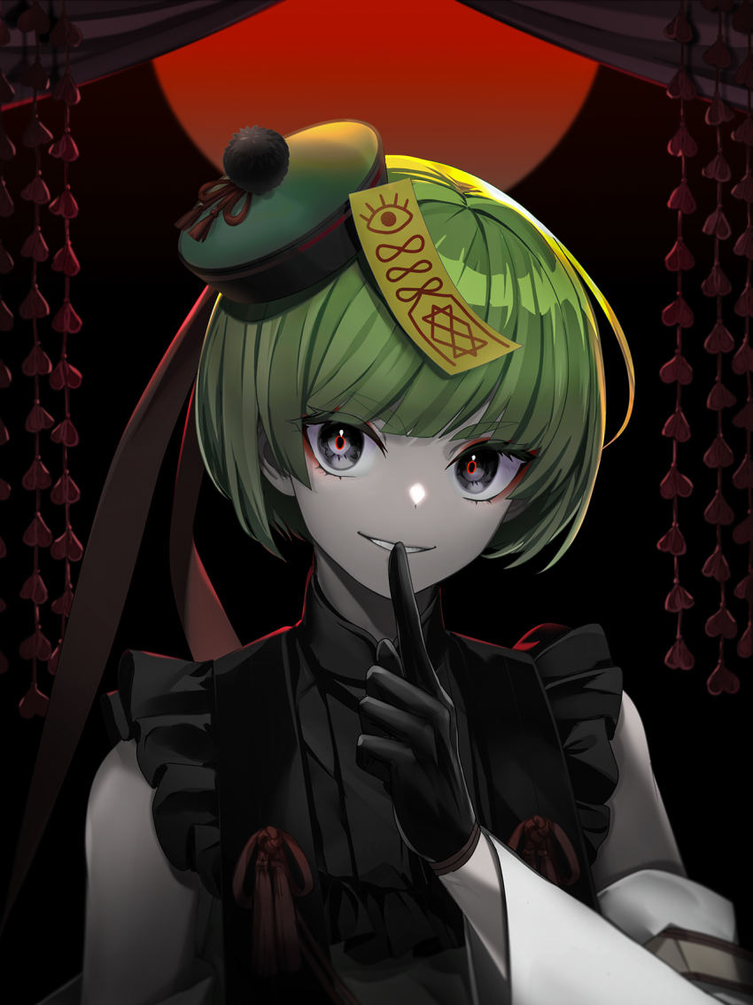 1boy bare_shoulders black_background black_gloves black_shirt blunt_bangs bob_cut detached_sleeves eyeshadow finger_to_mouth frilled_shirt frills gen_2_pokemon gloves green_hair green_hat grey_eyes grin hair_ribbon happy hat highres index_finger_raised long_sleeves makeup male_focus merlusa nintendo ofuda ofuda_on_head pale_skin personification pokemon pom_pom_(clothes) qingdai_guanmao red_eyeshadow red_pupils red_ribbon ribbon shirt short_hair shushing sleeveless sleeveless_shirt smile solo tassel teeth tilted_headwear upper_body v-shaped_eyebrows wide_sleeves xatu