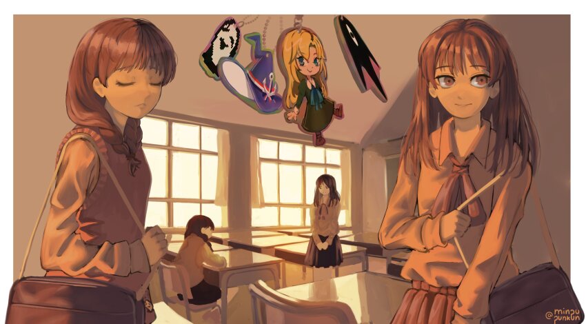 2girls absurdres artist_name ascot bag blonde_hair blue_eyes border brown_eyes brown_hair chair character_charm charm_(object) classroom closed_eyes closed_mouth cowboy_shot desk dress genre_connection green_dress highres holding holding_bag ib_(ib) ib_(kouri) indoors light_smile long_hair looking_at_another looking_to_the_side madotsuki mary_(ib) minpupunkun multiple_girls omori parted_lips red_ascot red_skirt red_vest school_desk shirt shoulder_bag skirt something_(omori) uboa vest white_border white_shirt yume_nikki