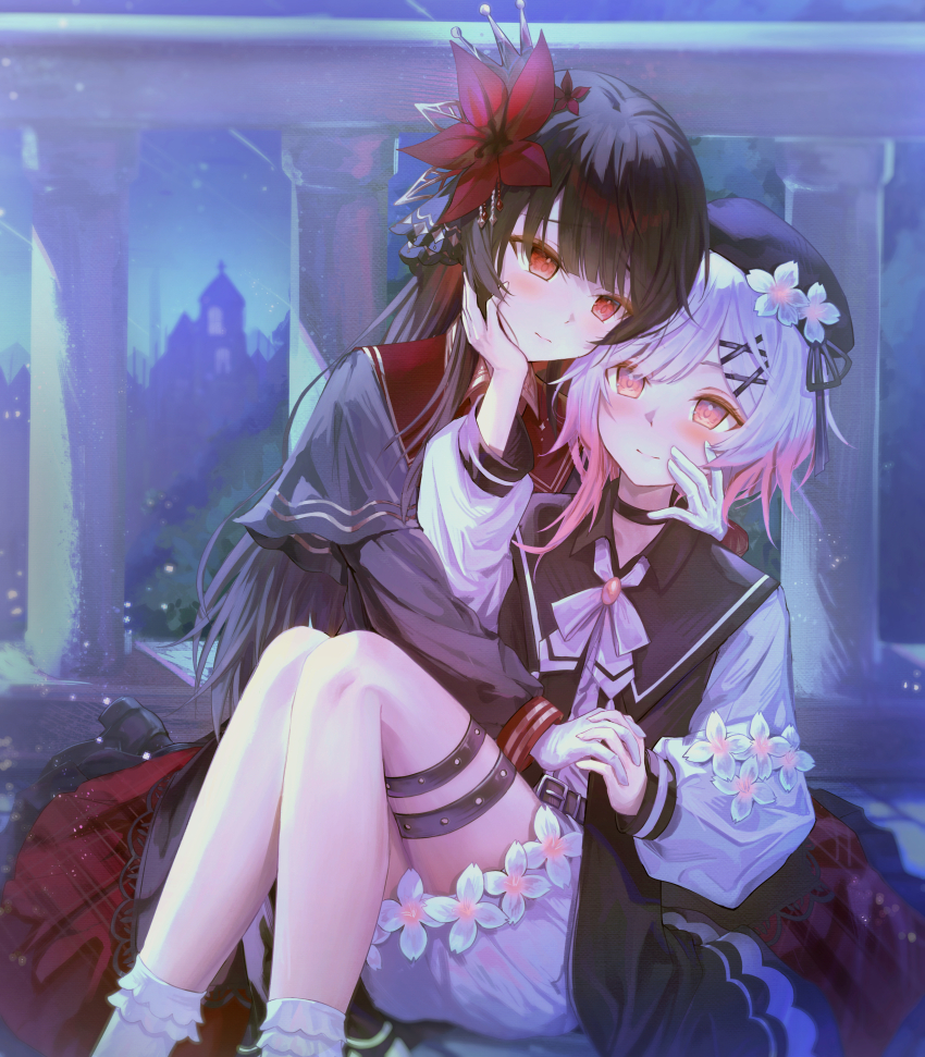 2girls absurdres beret black_dress black_hat black_sailor_collar bloomers blue_sky blush bow bowtie castle dress flower gloves gradient_hair grey_hair hair_flower hair_ornament hand_on_another&#039;s_cheek hand_on_another&#039;s_face hat highres holding_hands knees_up layered_skirt long_hair long_sleeves looking_at_another mahou_shoujo_no_majo_saiban multicolored_hair multiple_girls nikaido_hiro outdoors pink_eyes pink_hair railing red_eyes red_flower red_sailor_collar sailor_collar sakuraba_ema shirt short_hair sitting sitting_on_lap sitting_on_person skirt sky smile socks underwear white_bow white_bowtie white_flower white_gloves white_shirt white_socks x_hair_ornament yuri yuye