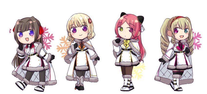 4girls :d adapted_costume aqua_eyes arm_at_side arm_belt assault_lily belt belt_buckle black_belt black_gloves black_shirt black_skirt black_thighhighs blush boots bow bowtie brown_hair brown_pantyhose buckle buttons cape capelet chibi closed_mouth collared_shirt commentary crossed_legs drill_hair drill_sidelocks full_body fur-trimmed_boots fur-trimmed_cape fur-trimmed_capelet fur-trimmed_jacket fur-trimmed_sleeves fur_trim gem gem_hair_ornament gloves green_eyes hair_intakes hair_ribbon hairband hairpods hand_up heel_up heterochromia high_belt highres imamura_yukari_(assault_lily) jacket komai_sumire kozue_west long_hair long_sleeves looking_at_viewer miniskirt multiple_girls neck_ribbon neckerchief nigari_(ngari_0115) notice_lines open_mouth orange_ribbon pantyhose parted_bangs pink_eyes pink_ribbon purple_eyes red_eyes red_gemstone red_hair red_hairband red_ribbon ribbon shiba_tomoshibi shirt short_hair sidelocks simple_background skirt smile snowflake_background standing symbol-only_commentary thighhighs twintails watson_cross white_background white_cape white_capelet white_footwear white_jacket white_neckerchief winter_clothes yellow_bow yellow_bowtie