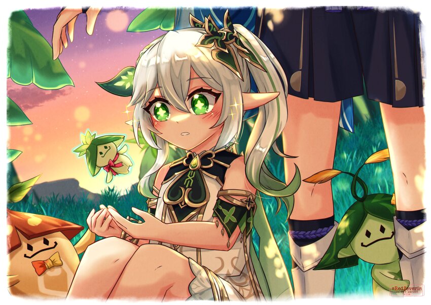 1boy 1girl absurdres aranara_(genshin_impact) armlet artist_name asymmetrical_sidelocks bare_shoulders black_shorts black_socks bloomers blush border bow bowtie bracelet cross-shaped_pupils detached_sleeves doll dress dusk eyelashes fringe_trim genshin_impact gold gold_trim grass green_eyes green_hair green_sleeves hair_between_eyes hair_ornament hakama hakama_shorts highres japanese_clothes jewelry knees leaf leaf_hair_ornament leg_warmers legs_together long_hair midair multicolored_hair nahida_(genshin_impact) night night_sky on_grass open_hand open_hands parted_lips pleated_shorts pointy_ears purple_rope redzeverin rope scaramouche_(genshin_impact) shorts side_ponytail sidelocks sitting sky socks star_(sky) starry_sky streaked_hair stuffed_toy symbol-shaped_pupils underwear wanderer_(genshin_impact) white_bloomers white_border white_dress white_hair white_leg_warmers white_mouth