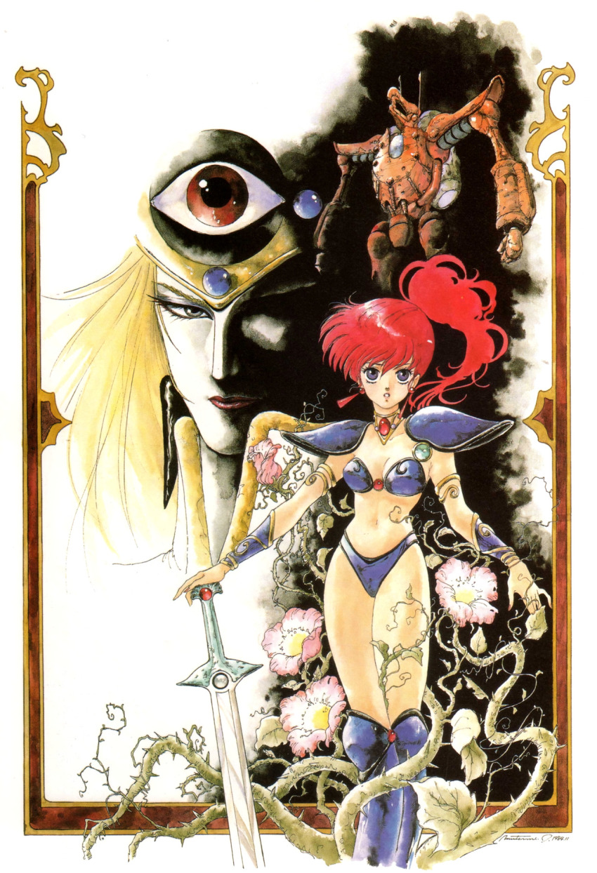 1984_(year) 1boy 1girl armlet armor asagiri_youko bikini_armor blonde_hair bracer dated earrings flower genmu_senki_leda high_ponytail highres holding holding_sword holding_weapon inomata_mutsumi jewelry long_hair looking_at_viewer navel official_art parted_lips pauldrons ponytail shoulder_armor sword thighs weapon zell_(genmu_senki_leda)