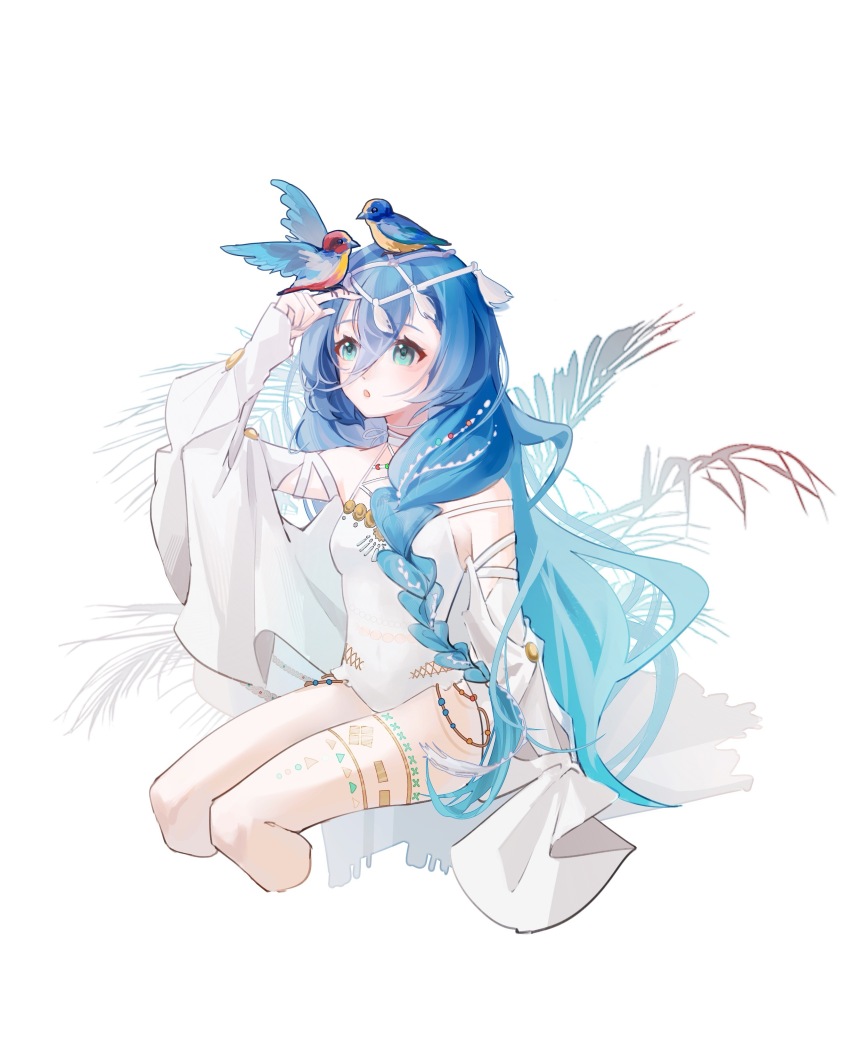 1girl 37_(down_in_the_grotto)_(reverse:1999) 37_(reverse:1999) :o absurdres animal animal_on_head bare_shoulders bird bird_on_hand bird_on_head blue_eyes blue_hair cape cropped_legs detached_sleeves dugu_jing feet_out_of_frame hair_between_eyes hair_ornament hand_up highres long_hair looking_at_animal looking_up official_alternate_costume on_head one-piece_swimsuit plant reverse:1999 sitting solo swimsuit very_long_hair white_background white_cape white_one-piece_swimsuit
