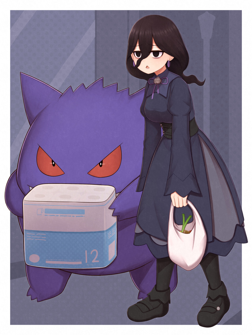 1girl :o absurdres atorie bag black_eyes black_shoes black_socks border brown_hair commentary_request dress earrings gen_1_pokemon gengar hair_between_eyes hex_maniac_(pokemon) hex_maniac_(pokemon_legends:_z-a) highres holding jewelry jitome long_hair long_sleeves neck_ribbon nintendo no_pupils open_mouth outside_border pokemon pokemon_(creature) pokemon_legends:_z-a purple_ribbon ribbon shoes shopping_bag socks standing toilet_paper white_border