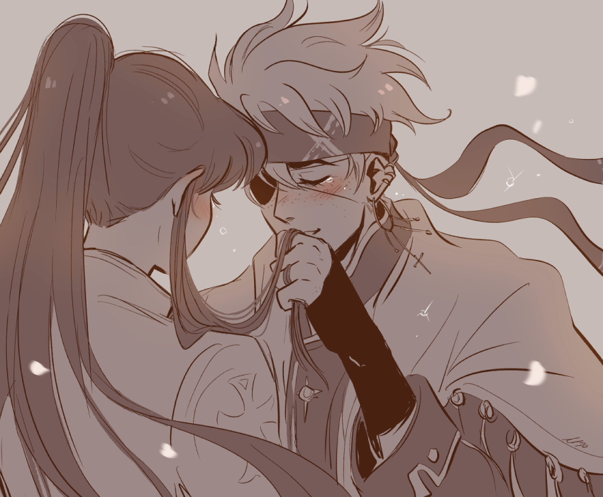 2boys andythelemon blush cross crying d.gray-man ear_blush earrings eyebrows eyelashes eyepatch happy headband jewelry kanda_yuu kissing_hair lavi long_hair multiple_boys one_eye_covered piercing ponytail smile tears yaoi