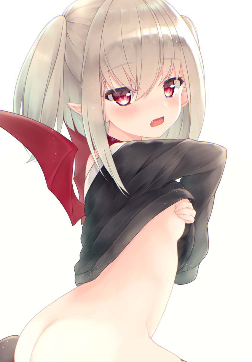 1girl black_jacket blush bottomless breasts clothes_lift covering_breasts covering_privates cowboy_shot demon_wings fang from_side grey_hair hair_between_eyes heart heart-shaped_pupils highres jacket jacket_lift looking_at_viewer makaino_ririmu makaino_ririmu_(2nd_costume) medium_hair nijisanji off-shoulder_jacket off_shoulder open_mouth pointy_ears red_eyes red_wings rupe_paperu sidelocks simple_background sleeves_past_fingers sleeves_past_wrists small_breasts solo symbol-shaped_pupils twintails virtual_youtuber white_background wings