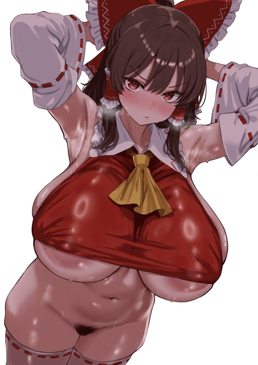 1girl absurdres areola_slip armpits arms_behind_head arms_up ascot bare_shoulders blush bottomless bow breasts brown_hair commentary covered_erect_nipples cropped_shirt detached_sleeves female_pubic_hair hair_bow hair_tubes hakurei_reimu highres huge_breasts john_zhang large_areolae looking_at_viewer medium_hair navel no_panties pubic_hair red_eyes red_shirt shirt sidelocks solo thighhighs touhou underboob variant_set white_thighhighs