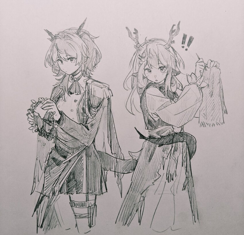 ! !! 2girls alina_(arknights) animal_ears arknights ascot chinese_commentary commentary_request cropped_legs dress greyscale hatching_(texture) head_wreath highres holding holding_wreath horns jacket linear_hatching long_sleeves looking_down maplebyebye medium_hair monochrome multiple_girls needle sewing_needle skirt standing tail tail_around_waist talulah_(arknights) talulah_the_fighter_(arknights) traditional_media yuri