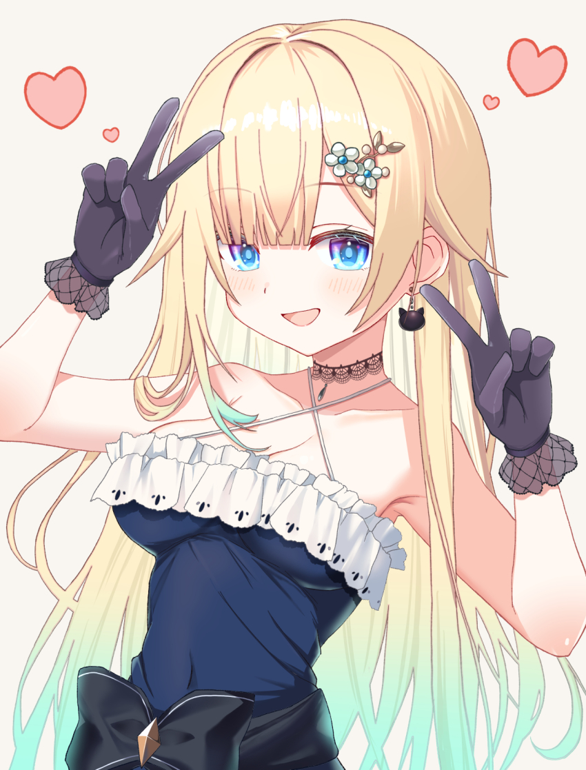 1girl aizawa_ema aqua_hair bare_shoulders black_bow blonde_hair blue_eyes blush bow choker collarbone double_v earrings gloves gradient_hair grey_background grey_gloves hair_ornament hands_up heart highres jewelry kazumiya_yayoi looking_at_viewer multicolored_hair open_mouth sleeveless solo spaghetti_strap two-tone_hair upper_body v virtual_youtuber vspo!
