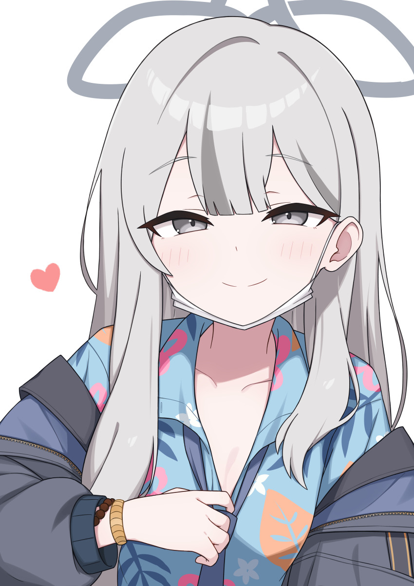 1girl absurdres blue_archive blue_necktie blue_shirt blush bracelet breasts closed_mouth collarbone collared_shirt commentary_request floral_print_shirt grey_eyes grey_hair grey_halo grey_jacket halo hawaiian_shirt heart highres jacket jewelry konoka_(blue_archive) long_hair long_sleeves mask mask_pull mouth_mask necktie open_clothes open_jacket shirt simple_background small_breasts smile solo surgical_mask white_background white_mask zddma20