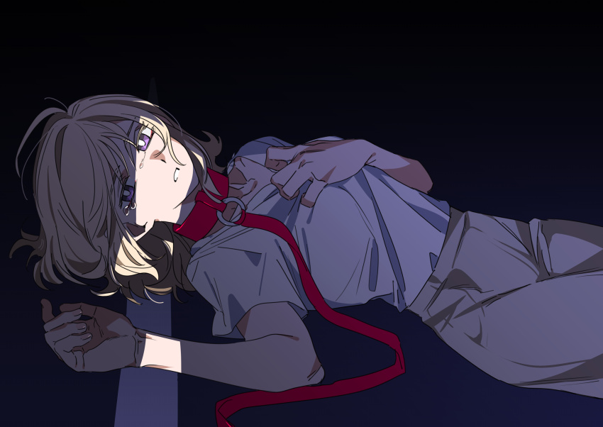 1girl bang_dream! bang_dream!_it&#039;s_mygo!!!!! black_background blonde_hair brown_skirt clutching_chest commentary_request crack_of_light highres leash lying medium_hair misumi_uika molu_stranger on_back open_mouth purple_eyes shirt short_sleeves simple_background skirt solo white_shirt