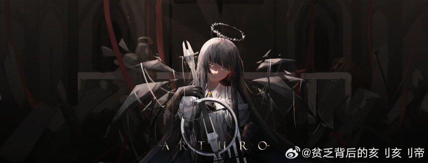 1girl architecture arknights artist_name ascot belt belt_buckle black_ascot black_eyes black_gloves black_hair black_halo black_shirt black_skirt black_wings blunt_bangs bow_(music) broken_halo buckle cello character_name chinese_commentary chinese_text collared_jacket commentary_request crack_of_light curtains dark_halo detached_wings energy_wings gloves halo hand_up head_tilt highres hime_cut holding holding_bow_(music) holding_instrument holding_violin indoors instrument jacket layered_sleeves light_particles long_hair long_sleeves looking_at_viewer music playing playing_instrument red_curtains rubble ruins shade shirt short_over_long_sleeves short-sleeved_jacket short_sleeves sidelocks skirt solo spotlight standing statue string upper_body very_long_hair violin virtuosa_(arknights) wall watermark weibo_7830748800 weibo_watermark weibo_watermark white_belt white_jacket white_string wide_sleeves wing_collar wings